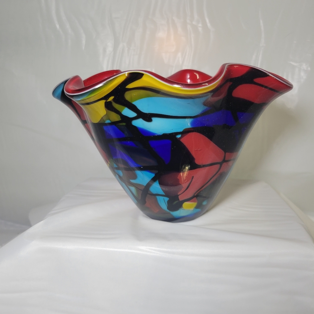 Murano Style Hand Blown Art Glass Ruffled Biwl Red Multi-Color Abstract